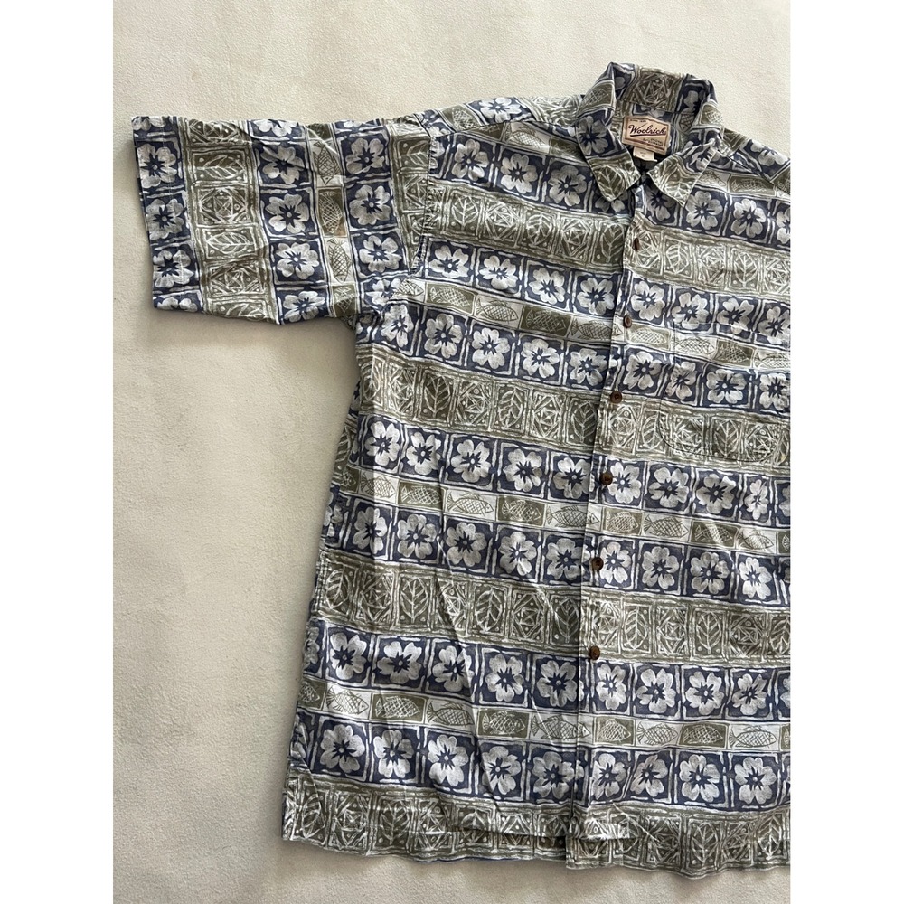 Woolrich Mens Blue Olive Cotton Block Print Floral Fish Short Sleeve Shirt M - Picture 10 of 10